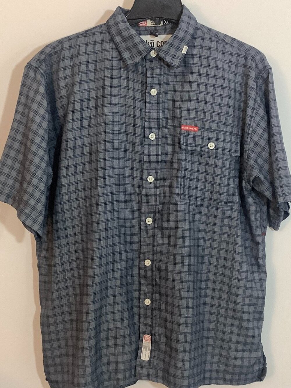 Short Sleeve Button Shirt Mens Ecko Complex Shirt Blue Plaid Functional Timeless